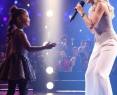 The superstar asks a little girl to sing . Seconds later, the girl brings down the house